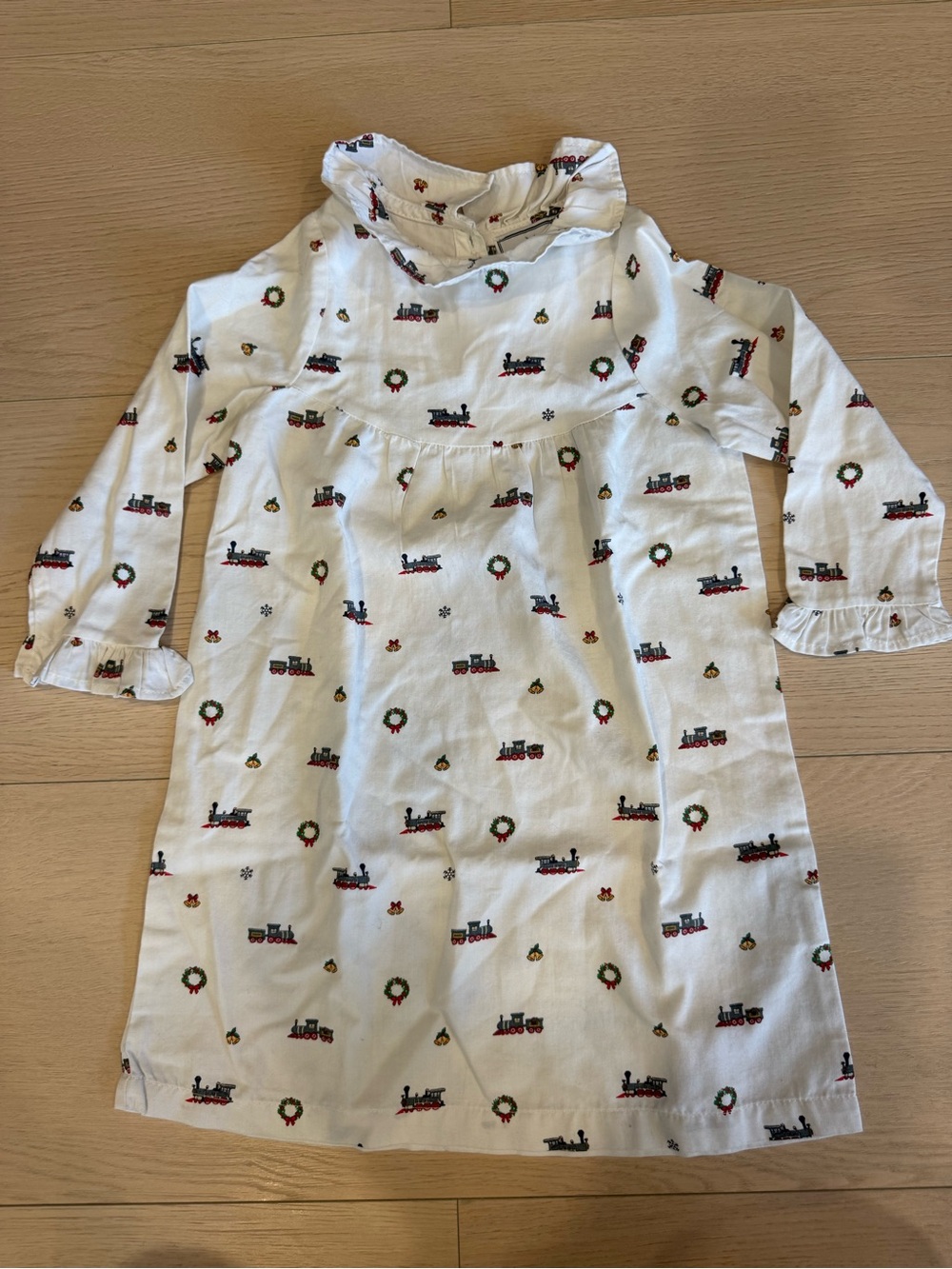 Petite Plume Girls' White Holiday Train Print Nightgown with Ruffle Collar | 2T